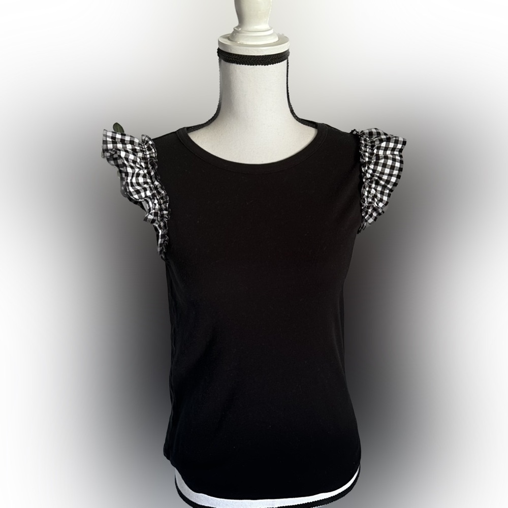 Who What Wear Black Flutter Sleeve Black & White Plaid Eyelet Solid Tank Top